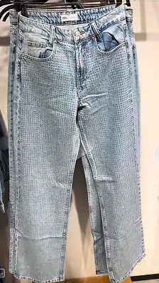 Zara Woman Mid-rise Trf Wide-leg Rhinestone Jeans Light Blue Size Uk 6 8197/222 • £69.99