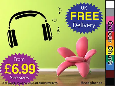 Headphones Wall Stickers Removable Wall Stickers Headphones With Music Notes • £12.61