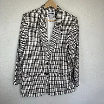 Vintage Blazer Women 10 Petite Plaid Neutral Linen Sag Harbor Jacket 90s Casual • $26.92