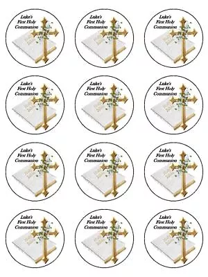 First Holy Communion Bible Personalised Edible Cupcake Toppers Wafer Icing X 12  • £4.72