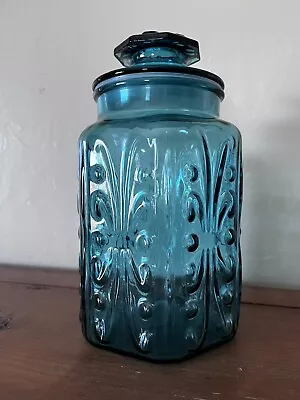 LE Smith Imperial Glass Atterbury Scroll Teal Aqua Vintage Apothecary Cookie Jar • $30