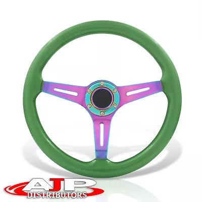 Deep Dish 6-Bolt Green Wood Neo Steel Steering Wheel + Horn Universal 350mm 14  • $54.99