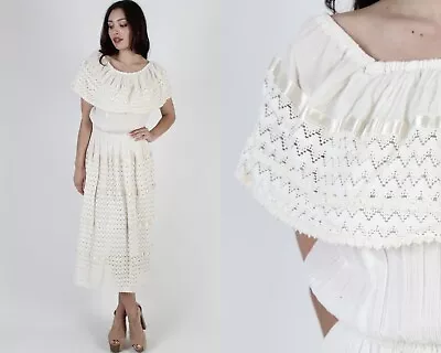 Off White Mexican Fiesta Party Dress Vtg Traditional Crochet Embroidered Outfit • $65.55