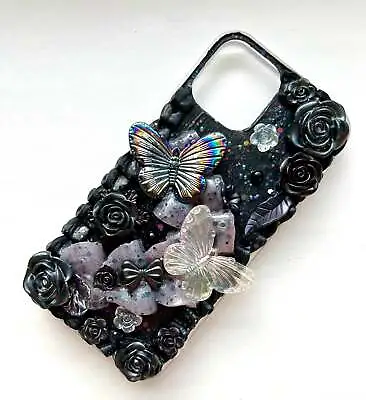 $40 • Buy IPhone 13 Pro Max Black Butterfly Roses Decoden Phone Case Handmade Diy