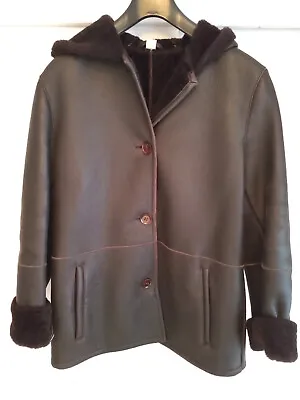 Julia S Roma Shearling Sheepskin Ladies Dark Brown Coat Size UK 12 Hood • £50