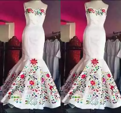 Vintage Mexican Embroidered Mermaid Wedding Dresses Satin Sweetheart Bridal Gown • $184