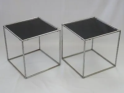 PAIR Of CHIC 70's POUL KJAERHOLM STYLE BLACK GLASS TOP CHROME CUBE SIDE TABLE • $499