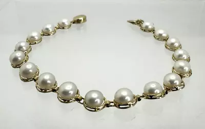 Solid 14K Yellow Gold 5.9mm Pearl Tennis Bracelet 6.75 Inch • $349.99