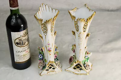 Antique Pair Vieux Paris Porcelain Vases Floral Decor  • $192.50