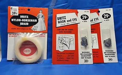 Lot Of 3 Vintage Dritz Sewing Aids NOS Hook & Eye Sets / Nylon Horsehair Braid • $12.95