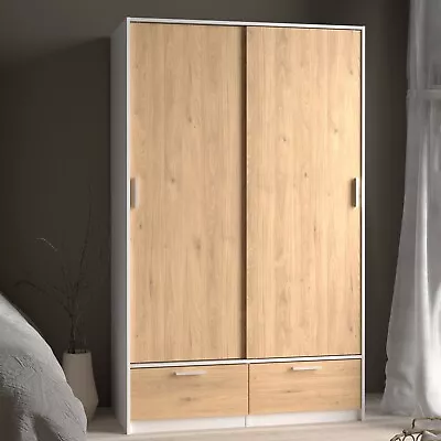 Modern White Oak 2 Sliding Doors Double Wardrobe Closet Hanging Clothes Rail • £509.99