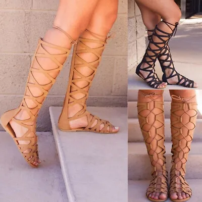 Women Knee High Gladiator Sandals Strappy Beach Flat Shoes Cut Lace Up Boots  • $19.03