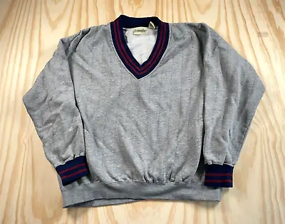 VTG 90s Tennis Style Sweater Adult Large Gray Blue Red Trim Sweatshirt Pockets • $24