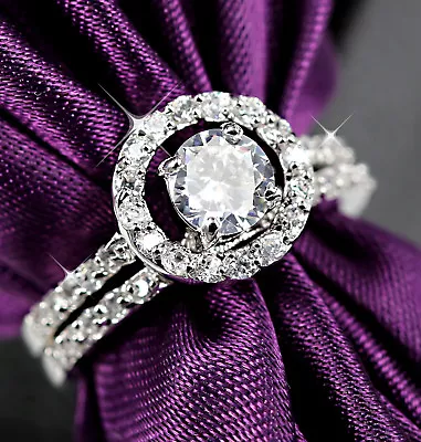 18k White Gold Gf Vintage Halo Lab Diamond Engagement Wedding Crystal Ring Set • $16.98