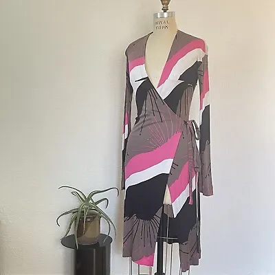  Vintage Y2K Does 70s Miss Sixty Wrap Midi Dress Abstract Paint Splatter Print • $95