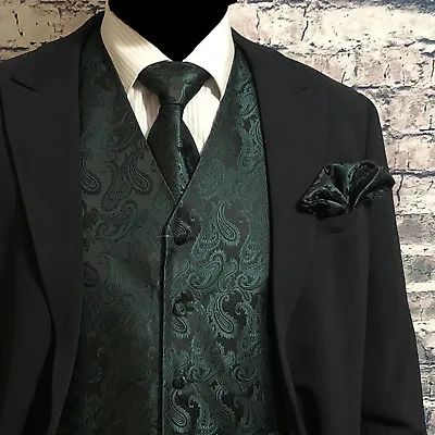 Dark Forest Green Paisley Tuxedo Suit Dress Vest Waistcoat & Neck Tie Hanky Set • $31.36