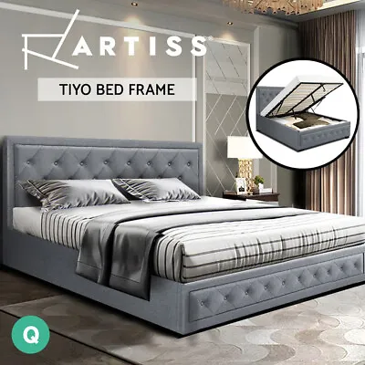 Artiss Bed Frame Queen Size Gas Lift Storage Mattress Base Wooden Grey TIYO • $315.95