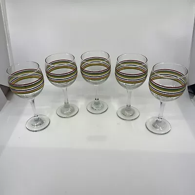 LIBBEY Mambo Fiesta Multicolored Stripes 7 1/4  Wine Glass Goblets Lot Of 5 • $49.99