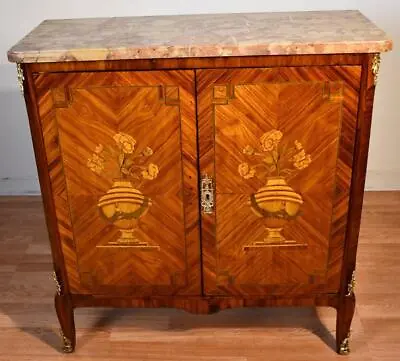 1890s Antique French Louis XV Walnut Satinwood Inlay & Marble Top Liquor Cabinet • $1850