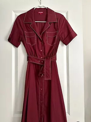 NWOT STAUD Millie Short Sleeve Cotton Maxi Shirt Dress In Bordeaux Size 4 • $258