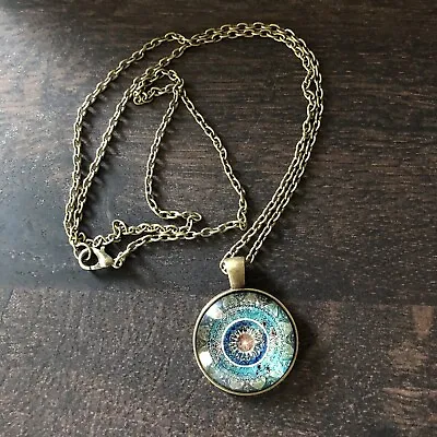 Blue Mandala Glass Dome Circle Pendant Vintage Bronze Tone Chain Necklace NWOT • $6.74