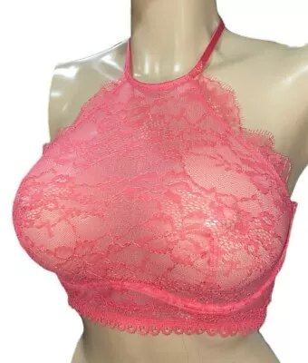 Victorias Secret Very Sexy Sheer Lace Unlined Halter High Neck Bralette Coral • £21.68