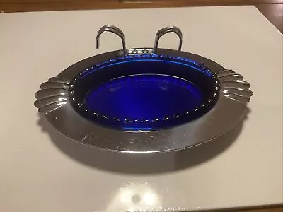 VTG Art Deco Chrome/Cobalt Ashtray With Matchbook Holder Farber Bros New York • $28