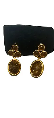 Vintage MONET Gold Tone Amber Faux Stones Dangle Pierced Earrings • $20