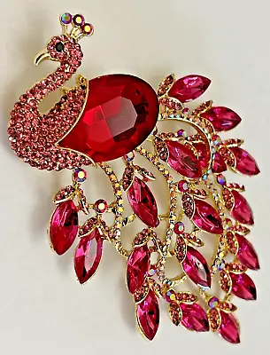 Extra Large Red Pink Peacock Bird Glass Rhinestone Brooch Pin Vintage Acrylic • $14.03