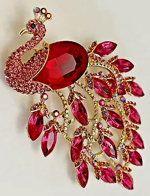 Large Red Pink Peacock Bird Glass Rhinestone Brooch Pin Vintage Acrylic 4 Inches • $12.99