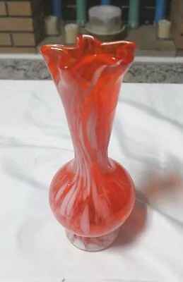 Vintage Lefton Blown Glass Orange White Swirl Pinched Bud Vase 7  Art Glass  • $16.95