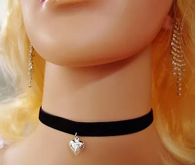 All Sizes Choker Black Velvet Silver Heart Goth Kitten Sissy Plus DDLG BDSM Pink • $4.95