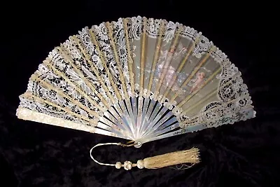 Antique Lace Hand Fan Mother Of Pearl Hand Painted Silk 19th Century • $217.28