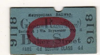 Railway  Ticket Metropolitan Rly 2nd Class Glos'ter Road (Brom') - Baker St 1895 • £3.99