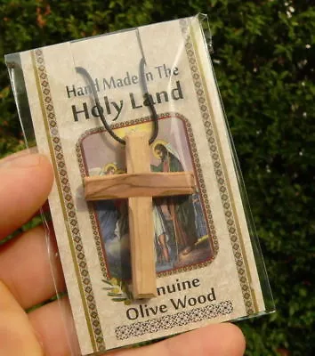 Olive Wood Cross Necklace Plain Wooden 5cm Pendant Bethlehem Jerusalem Holy Land • £10.44