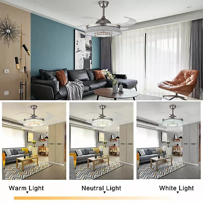 Retractable Ceiling Fan Light LED Chandelier Lamp + Remote Control Crystal  42'' • $95