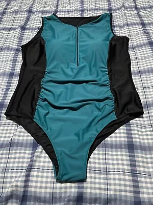 YOURS  Teal + Black   SWIMMING COSTUME  Wide Straps  PADDED   Zip Up  UK Size 24 • £5.50