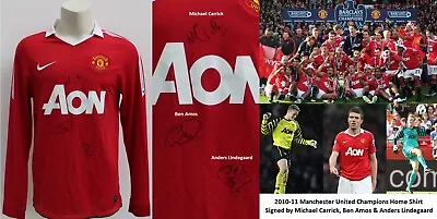 2010-11 Man Utd Champions Home Shirt Signed By Carrick Amos & Lindegaard + COA • £70