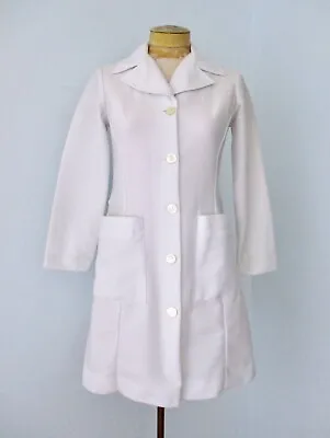 Vtg 60s 70s Mod White Textured Poly Knit Nurse Uniform Coat Dress Big Pockets S • $39.99