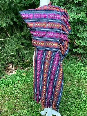 Mexican Fringed Rebozo Wrap Shawl Woven Pattern 6x2.75 Dark Gray Rainbow P18 • $21.90