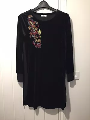 Ladies La Redoute Black Velour Embroidered Dress Uk Size Medium Brand New • $20.19
