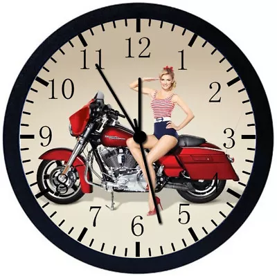 American Motorcycle And Girl Black Frame Wall Clock Nice For Decor Or Gifts Z14 • $19.95