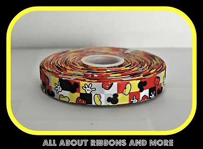 7/8 Inch Mickey Mouse Parts Yellow Red And Grey On Grosgrain Ribbon- 1 Yard • $0.99