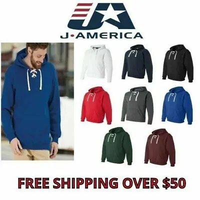 J. America Men's Sport Lace Hooded Sweatshirt Hockey Hoodie 8830 S-3XL 8 Colors • $26.95