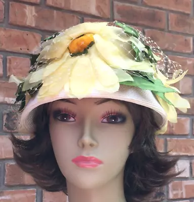 Antique Ladies Cloche Hat Yellow Chiffon Flowers & Pom Poms Greenery Veil & Bow • $17.99
