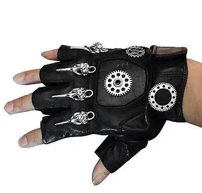 Mens Unisex Steampunk Gears Gothic Genuine Leather Half Finger Fingerless Gloves • $19.80