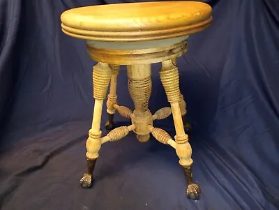 Antique Wooden Oak Piano Stool With Glass Balls And Claw Feet Adjustable 1890s • $125