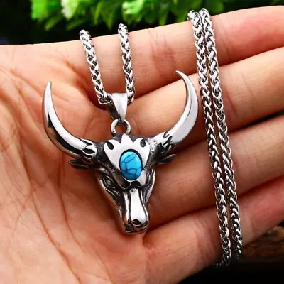 Men's Fashion Jewelry Silver Bull Head Pendant Necklace 234 • $11.66