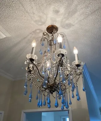 6 Lights Murano Beaded Chandelier With Blue Glass Droplets • $811.21