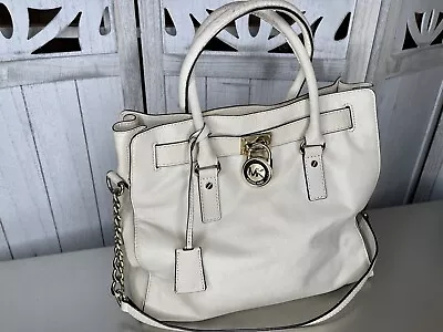 Michael Kors Hamilton Large Vanilla Cream Leather Gold Lock Tote Bag Purse • $89.99